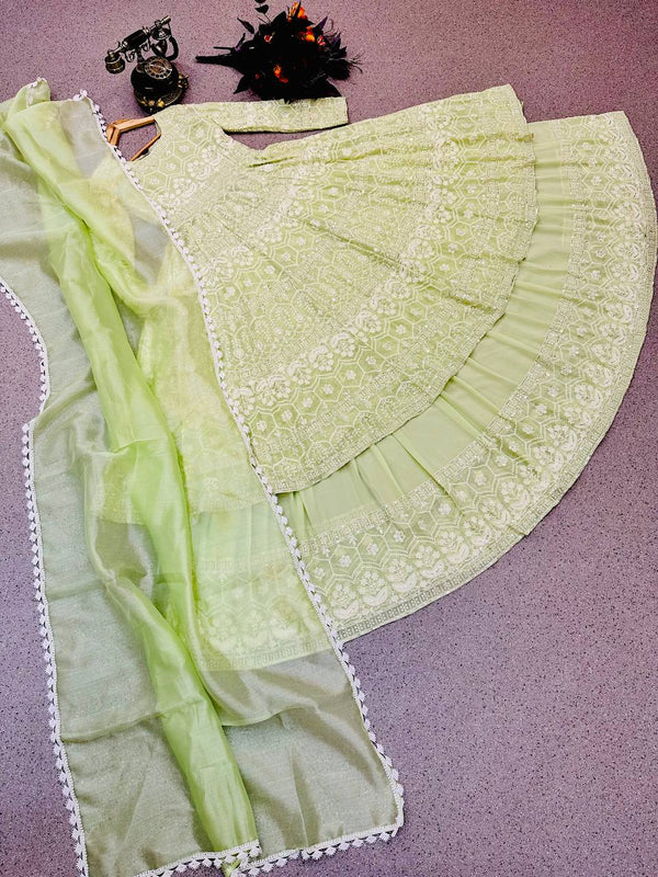 Pista Green Lehenga Suit in Faux Georgette with Heavy Embroidery Clothsvilla