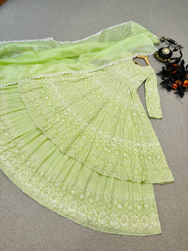 Pista Green Lehenga Suit in Faux Georgette with Heavy Embroidery Clothsvilla