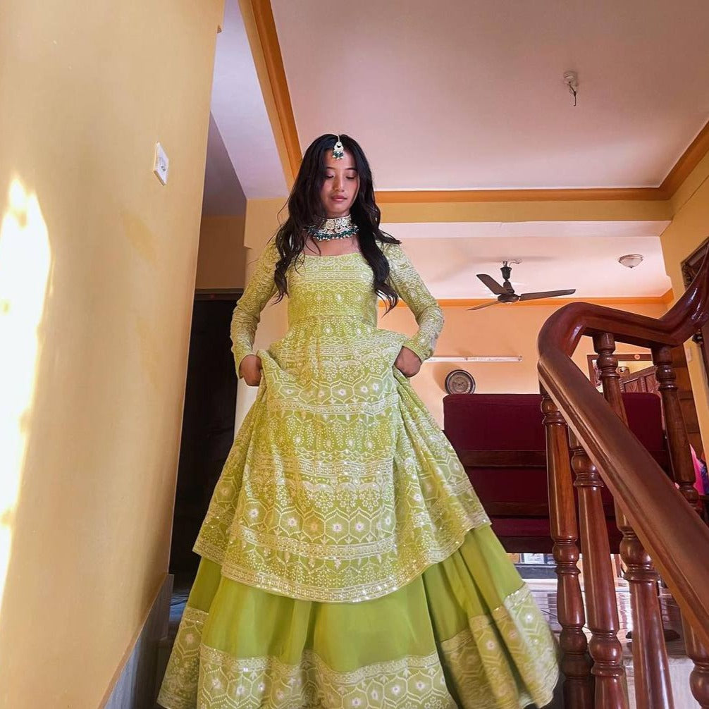 Pista Green Lehenga Suit in Faux Georgette with Heavy Embroidery Clothsvilla Main image