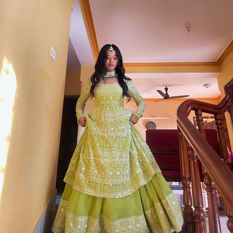 Pista Green Lehenga Suit in Faux Georgette with Heavy Embroidery Clothsvilla Main image