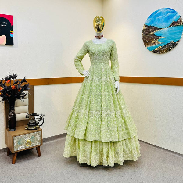 Pista Green Lehenga Suit in Faux Georgette with Heavy Embroidery Clothsvilla