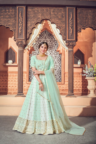 Pista Green Lehenga With Georgette Fabric And Thread With Sequince Embroidered Work And Heavy Can-Can Lehenga For Wedding And Party Wear ClothsVilla