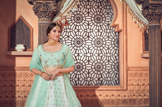Pista Green Lehenga With Georgette Fabric And Thread With Sequince Embroidered Work And Heavy Can-Can Lehenga For Wedding And Party Wear ClothsVilla