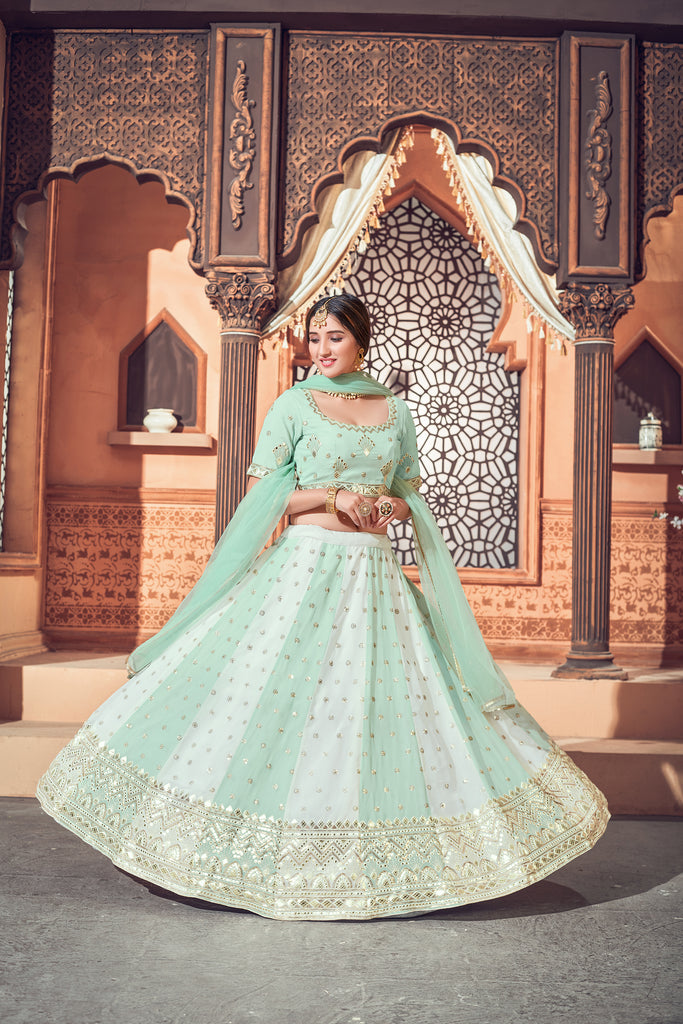 Pista Green Lehenga With Georgette Fabric And Thread With Sequince Embroidered Work And Heavy Can-Can Lehenga For Wedding And Party Wear ClothsVilla