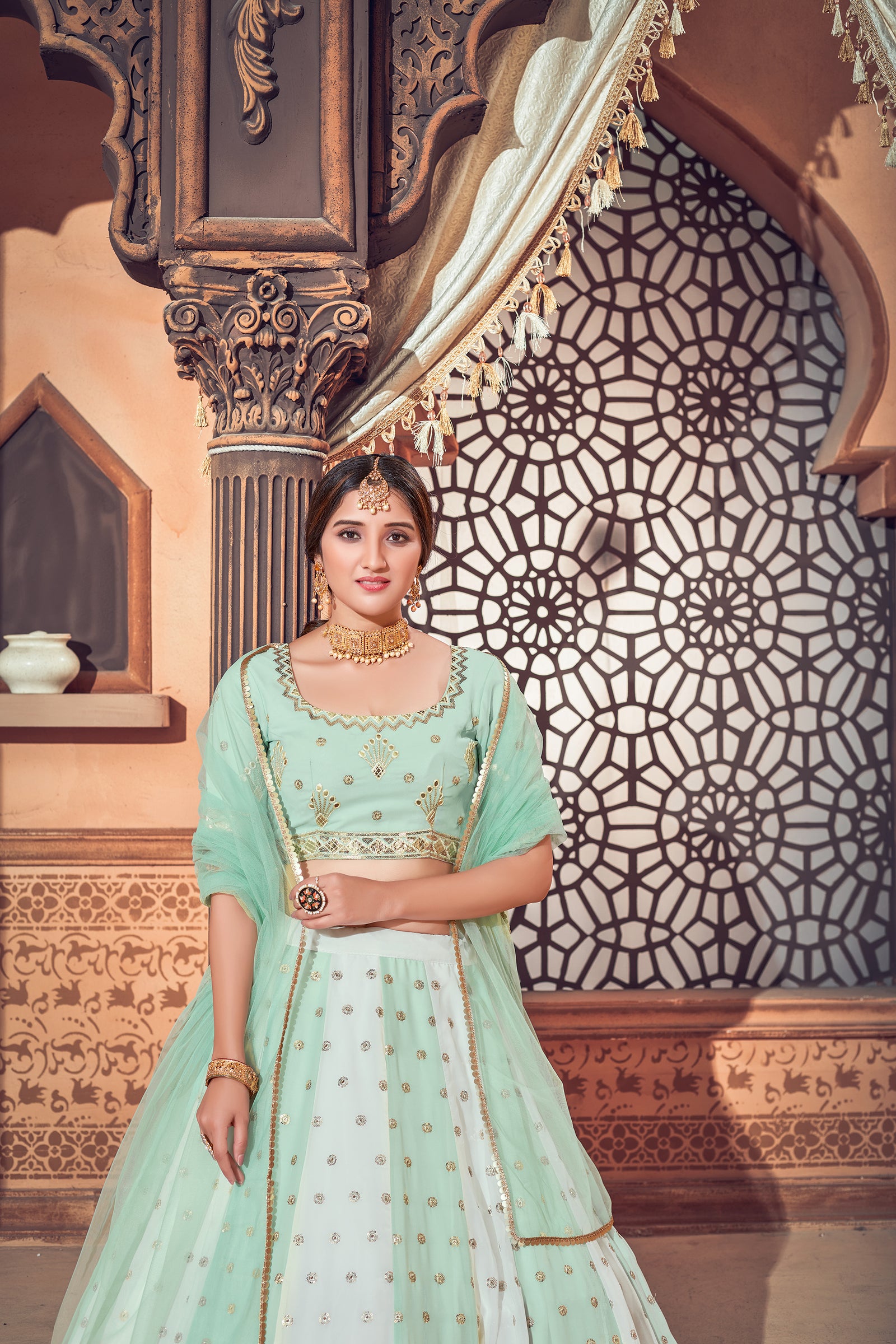 Pista Green Lehenga With Georgette Fabric And Thread With Sequince Embroidered Work And Heavy Can-Can Lehenga For Wedding And Party Wear ClothsVilla