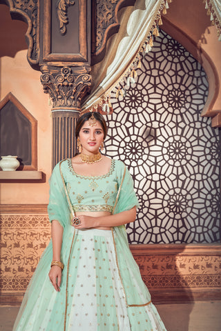 Pista Green Lehenga With Georgette Fabric And Thread With Sequince Embroidered Work And Heavy Can-Can Lehenga For Wedding And Party Wear ClothsVilla