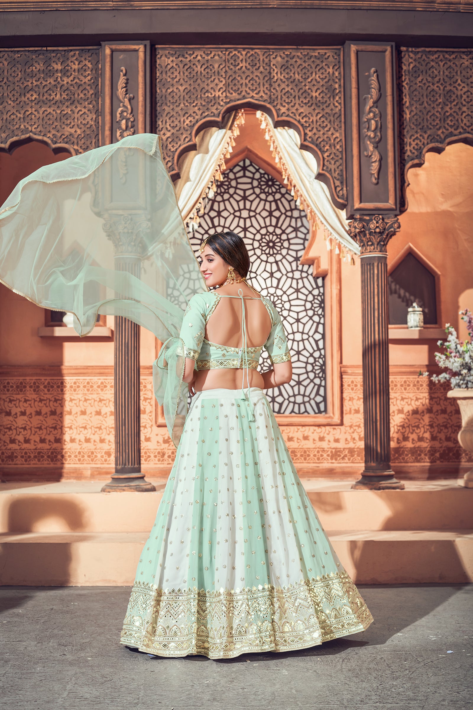 Pista Green Lehenga With Georgette Fabric And Thread With Sequince Embroidered Work And Heavy Can-Can Lehenga For Wedding And Party Wear ClothsVilla