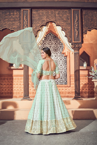 Pista Green Lehenga With Georgette Fabric And Thread With Sequince Embroidered Work And Heavy Can-Can Lehenga For Wedding And Party Wear ClothsVilla