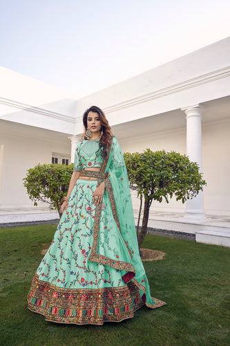 Pista Green Thread With Sequins Embroidered Silk Semi Stitched Wedding Lehenga ClothsVilla
