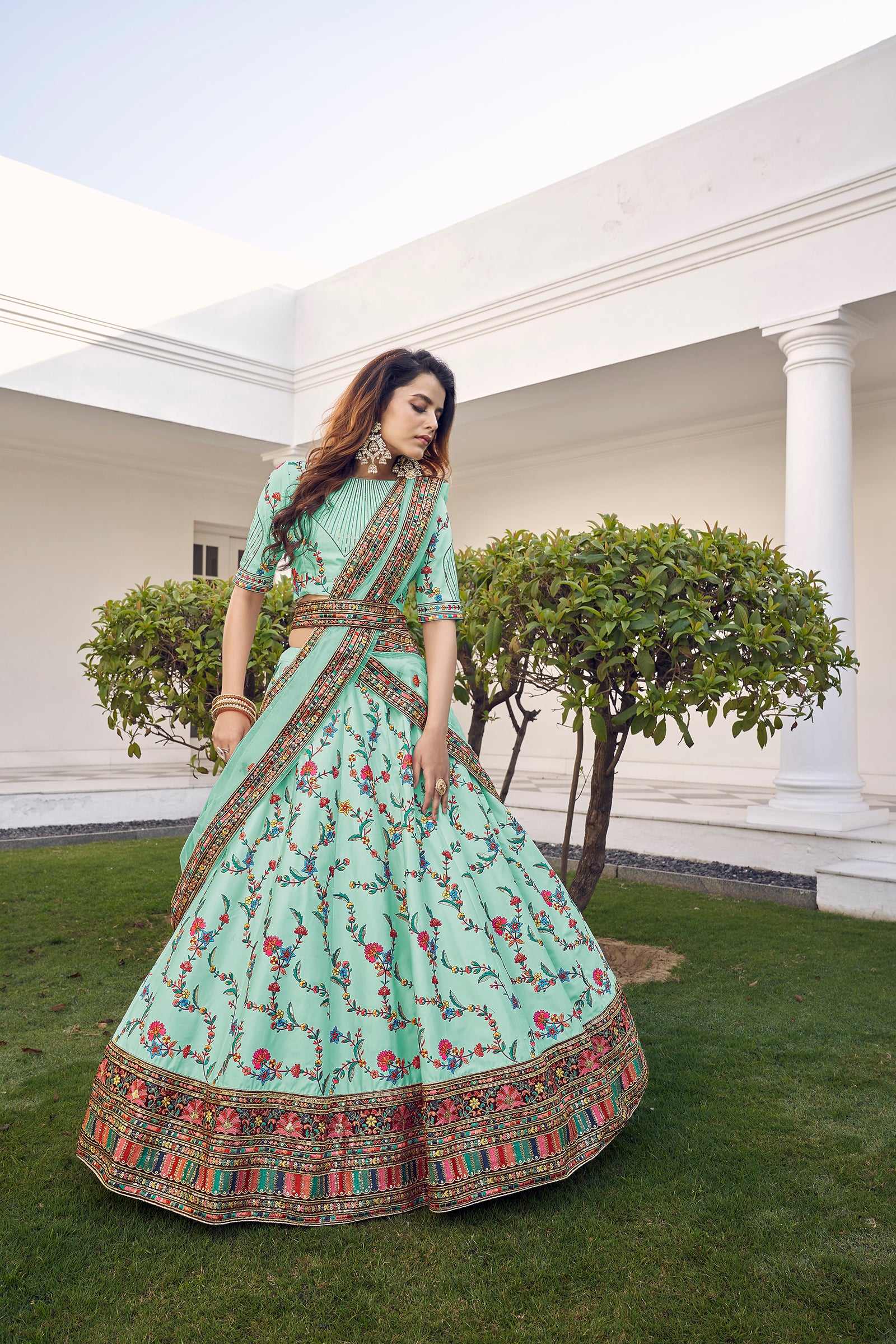 Pista Green Thread With Sequins Embroidered Silk Semi Stitched Wedding Lehenga ClothsVilla