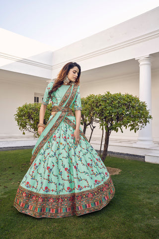 Pista Green Thread With Sequins Embroidered Silk Semi Stitched Wedding Lehenga ClothsVilla