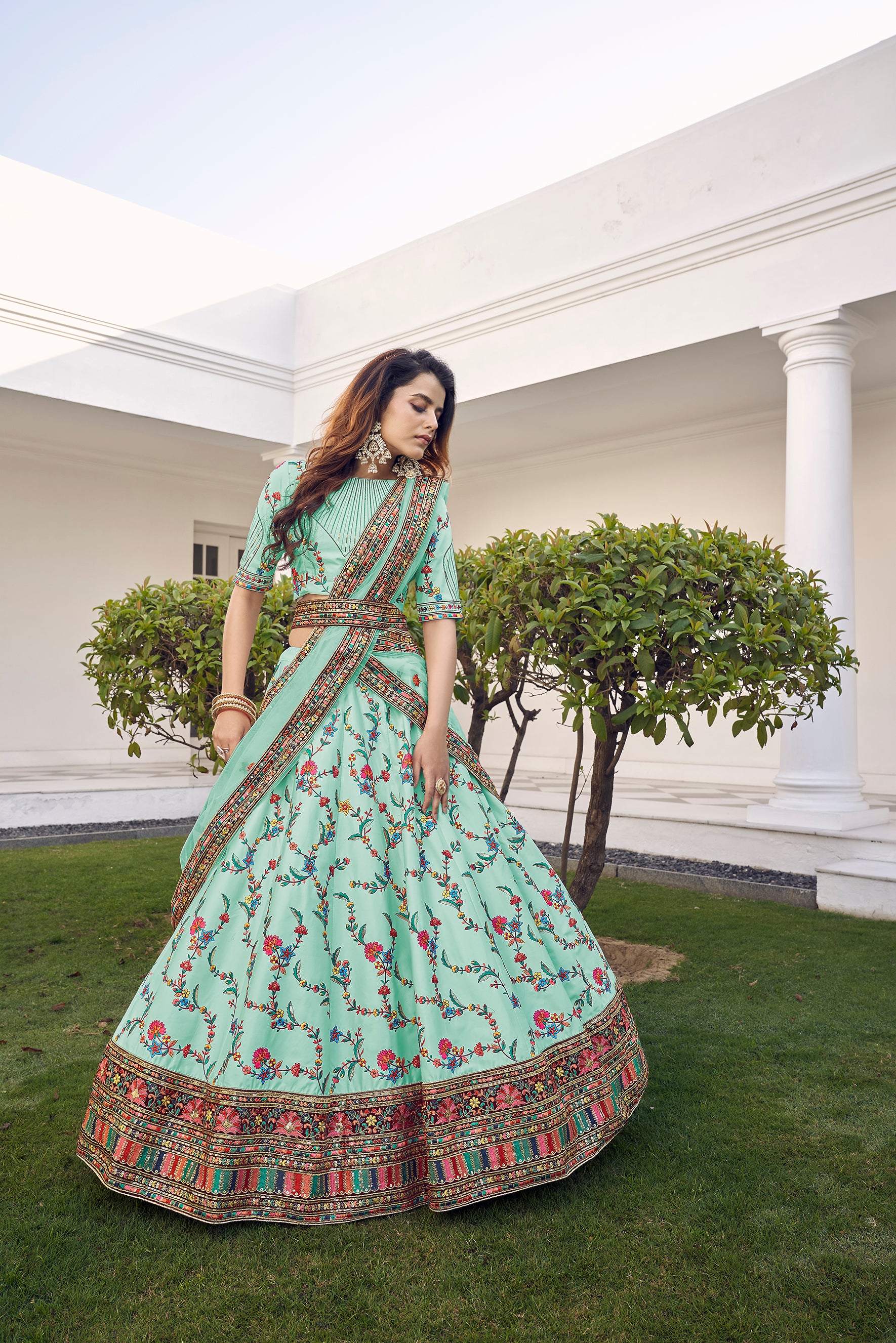 Pista Green Thread With Sequins Embroidered Silk Semi Stitched Wedding Lehenga ClothsVilla