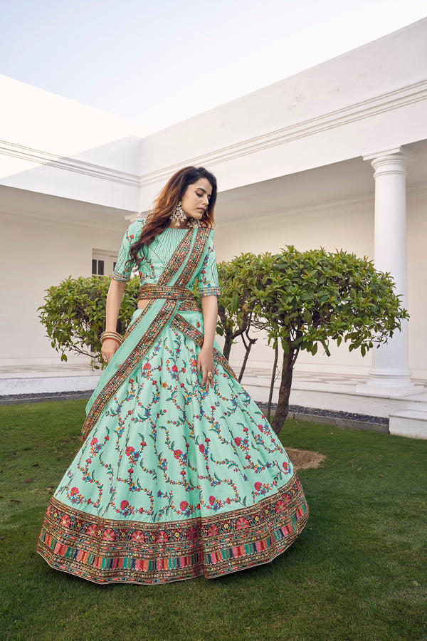 Pista Green Thread With Sequins Embroidered Silk Semi Stitched Wedding Lehenga ClothsVilla
