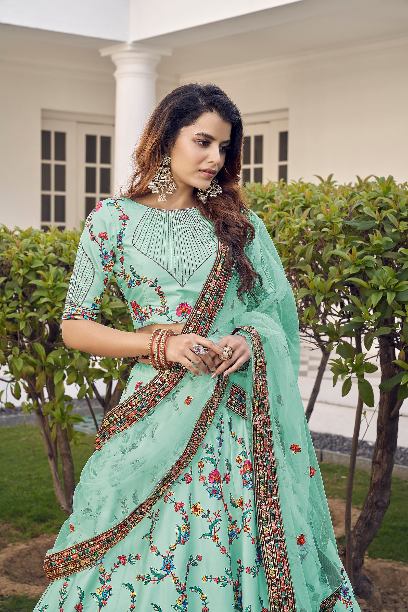 Pista Green Thread With Sequins Embroidered Silk Semi Stitched Wedding Lehenga ClothsVilla