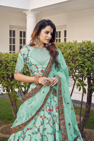 Pista Green Thread With Sequins Embroidered Silk Semi Stitched Wedding Lehenga ClothsVilla