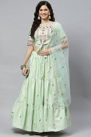 Pista Cotton Multi Embroidered Work Lehenga Choli ClothsVilla.com