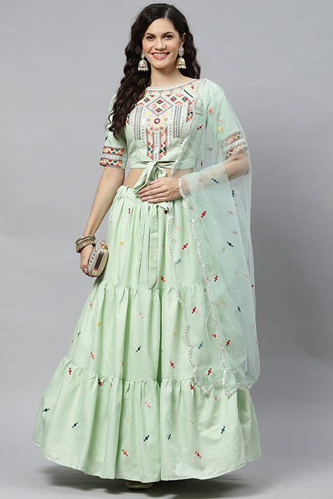 Pista Cotton Multi Embroidered Work Lehenga Choli ClothsVilla.com Main image