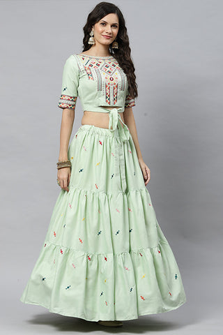 Pista Cotton Multi Embroidered Work Lehenga Choli ClothsVilla.com