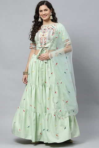 Pista Cotton Multi Embroidered Work Lehenga Choli ClothsVilla.com