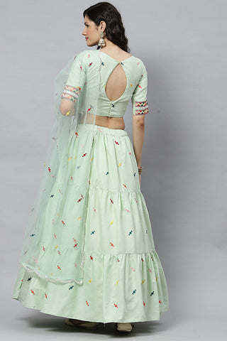 Pista Cotton Multi Embroidered Work Lehenga Choli ClothsVilla.com