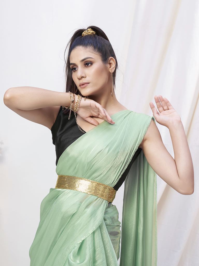 Pistachio Green Pre-Stitched Blended Silk Saree Secondary image