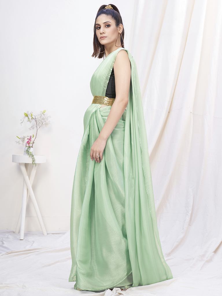 Pistachio Green Pre-Stitched Blended Silk Saree ClothsVilla Main image