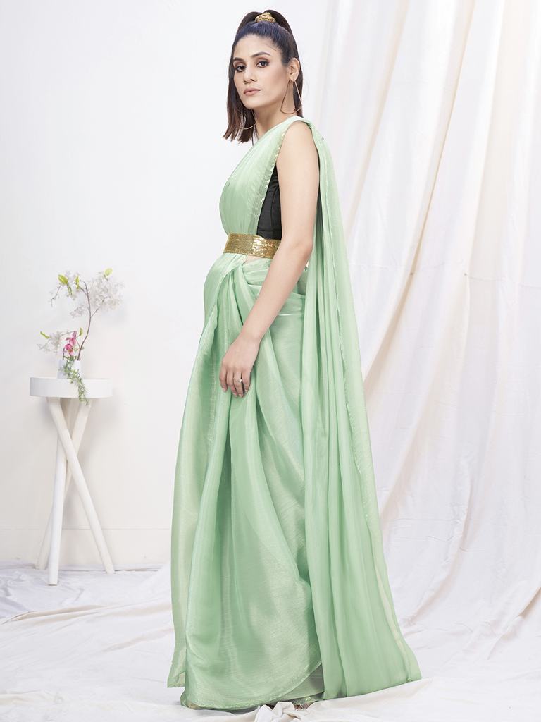Pistachio Green Pre-Stitched Blended Silk Saree ClothsVilla