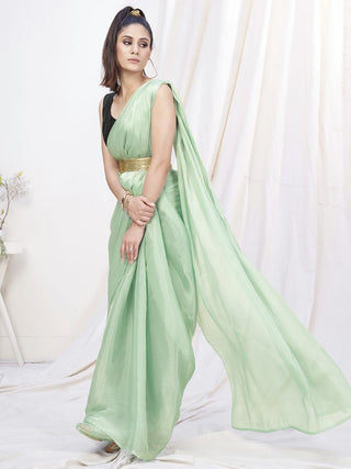 Pistachio Green Pre-Stitched Blended Silk Saree ClothsVilla