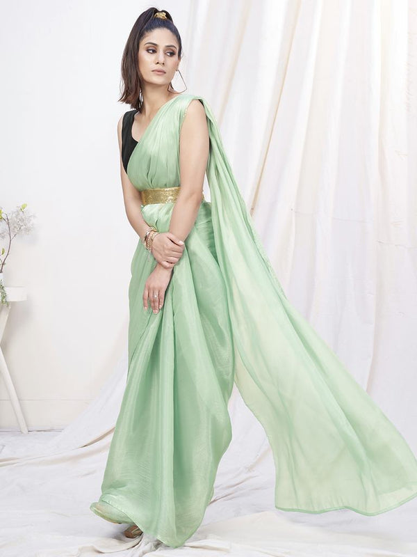 Pistachio Green Pre-Stitched Blended Silk Saree ClothsVilla