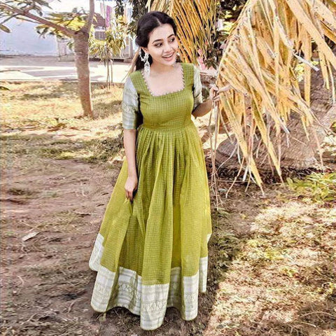 Pleasant Parrot Green Colored Partywear Woven Organza Gown ClothsVilla Main image