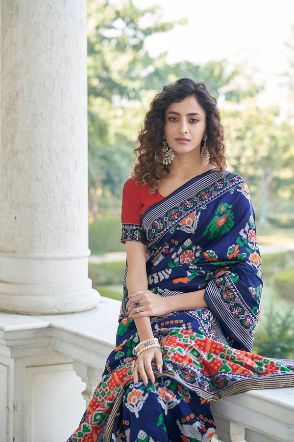Pleasing Navy Blue Weaving Patola Silk Wedding Wear Saree ClothsVilla