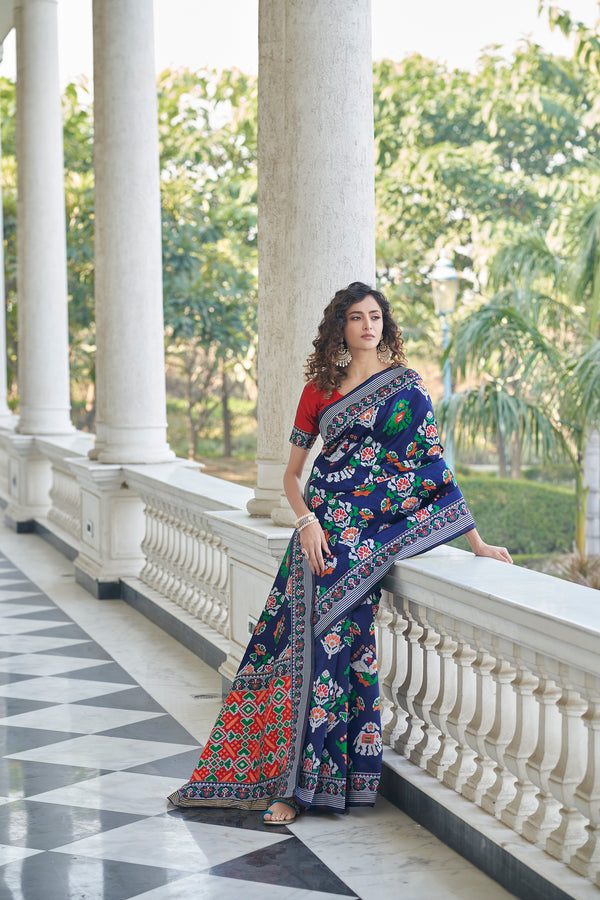 Pleasing Navy Blue Weaving Patola Silk Wedding Wear Saree ClothsVilla