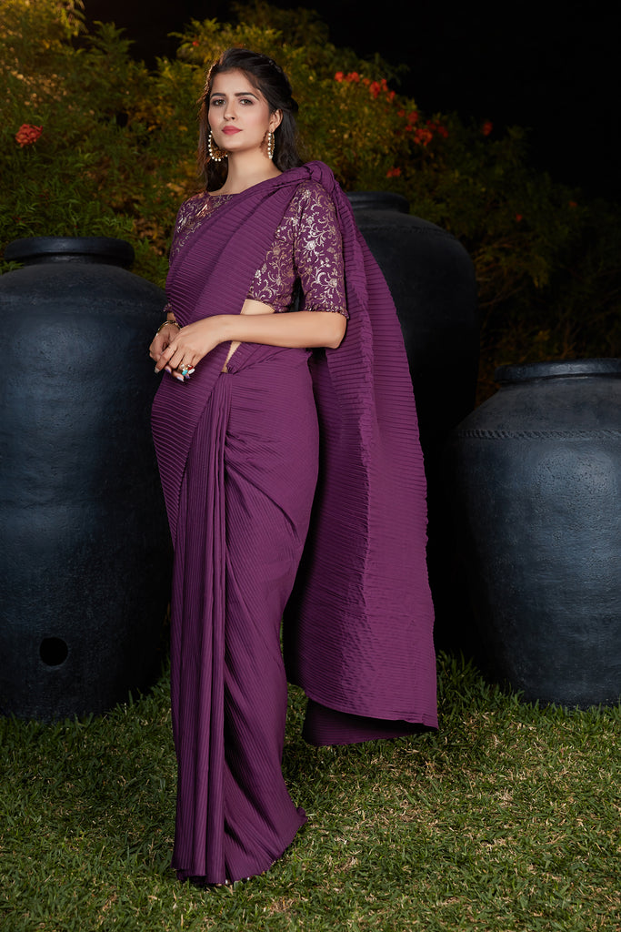 Plum Pleated Silk Saree With Designer Blouse ClothsVilla