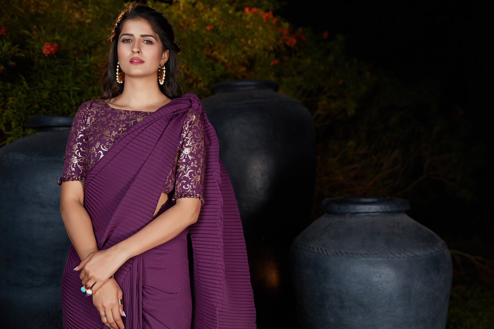 Plum Pleated Silk Saree With Designer Blouse ClothsVilla