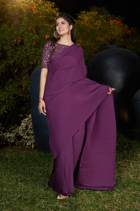 Plum Pleated Silk Saree With Designer Blouse ClothsVilla Main image