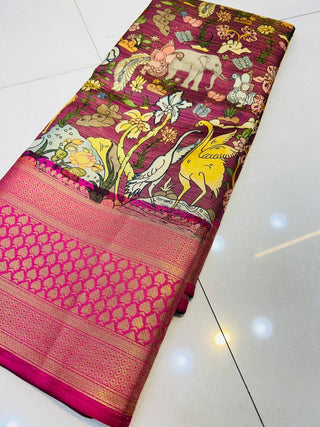 Enchanting Purple Kalamkari Printed Saree With Denouement Blouse Piece Policona-Kanjivaram Silk