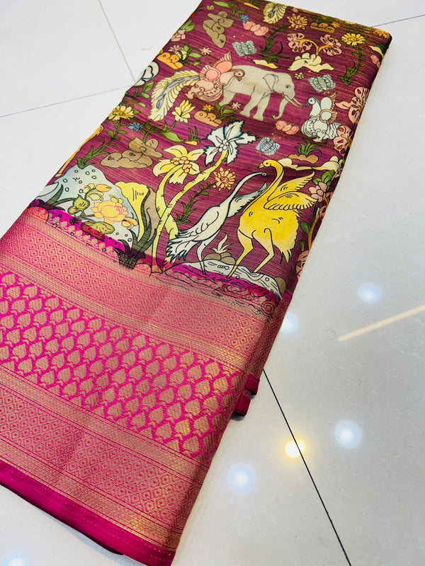 Enchanting Purple Kalamkari Printed Saree With Denouement Blouse Piece Policona-Kanjivaram Silk