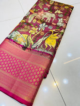 Load image into Gallery viewer, Enchanting Purple Kalamkari Printed Saree With Denouement Blouse Piece Policona-Kanjivaram Silk