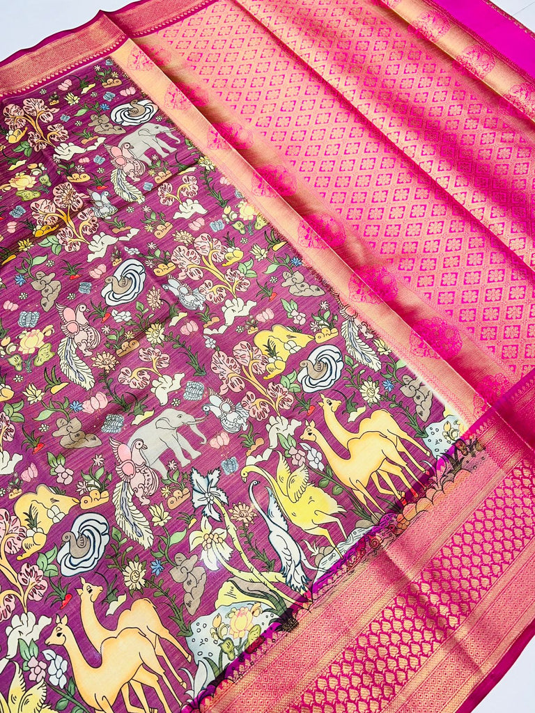 Enchanting Purple Kalamkari Printed Saree With Denouement Blouse Piece Policona-Kanjivaram Silk