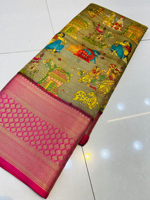 Sempiternal Dark Beige Kalamkari Printed Saree With Lissome Blouse Piece Policona-Kanjivaram Silk Main image