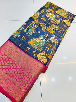 Ephemeral Royal Blue Kalamkari Printed Saree With Demesne Blouse Piece Policona-Kanjivaram Silk