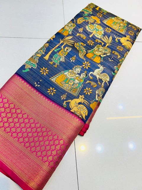 Ephemeral Royal Blue Kalamkari Printed Saree With Demesne Blouse Piece Policona-Kanjivaram Silk Main image