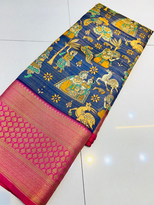 Ephemeral Royal Blue Kalamkari Printed Saree With Demesne Blouse Piece Policona-Kanjivaram Silk