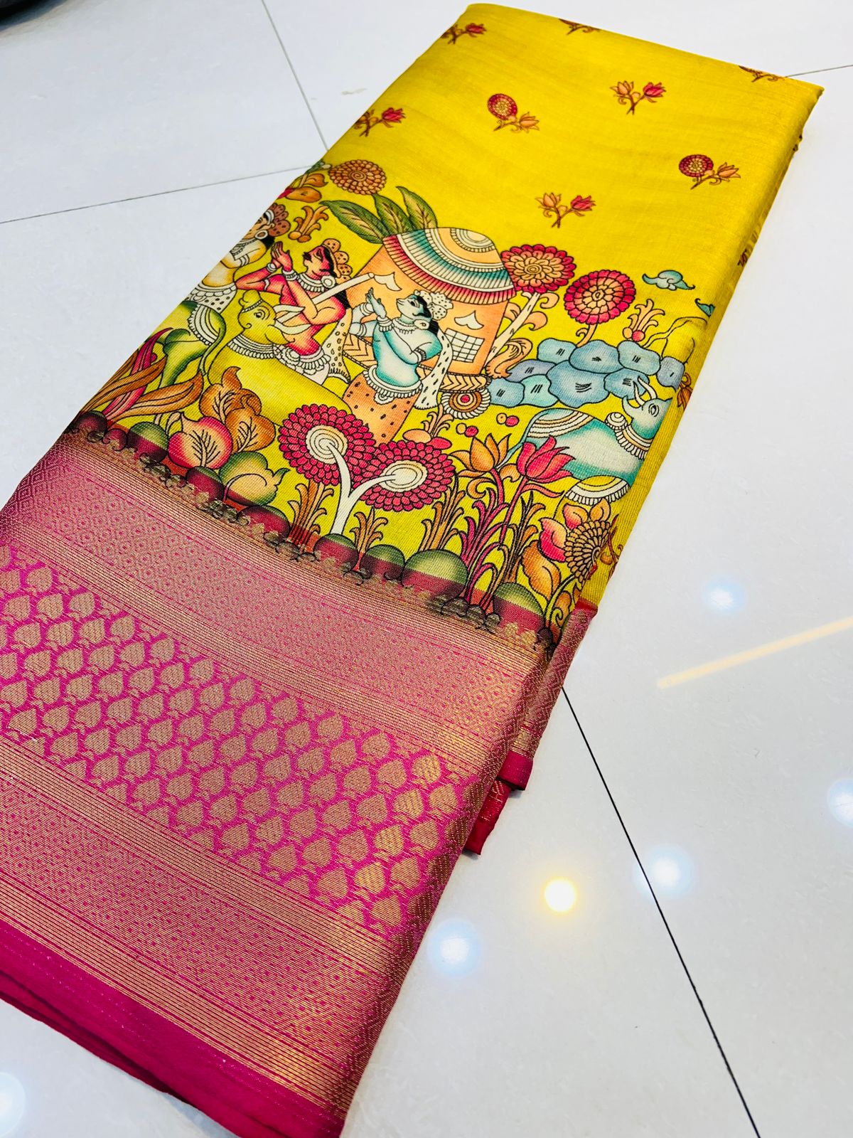 Comely Yellow Kalamkari Printed Saree With Ideal Blouse Piece Policona-Kanjivaram Silk Main image