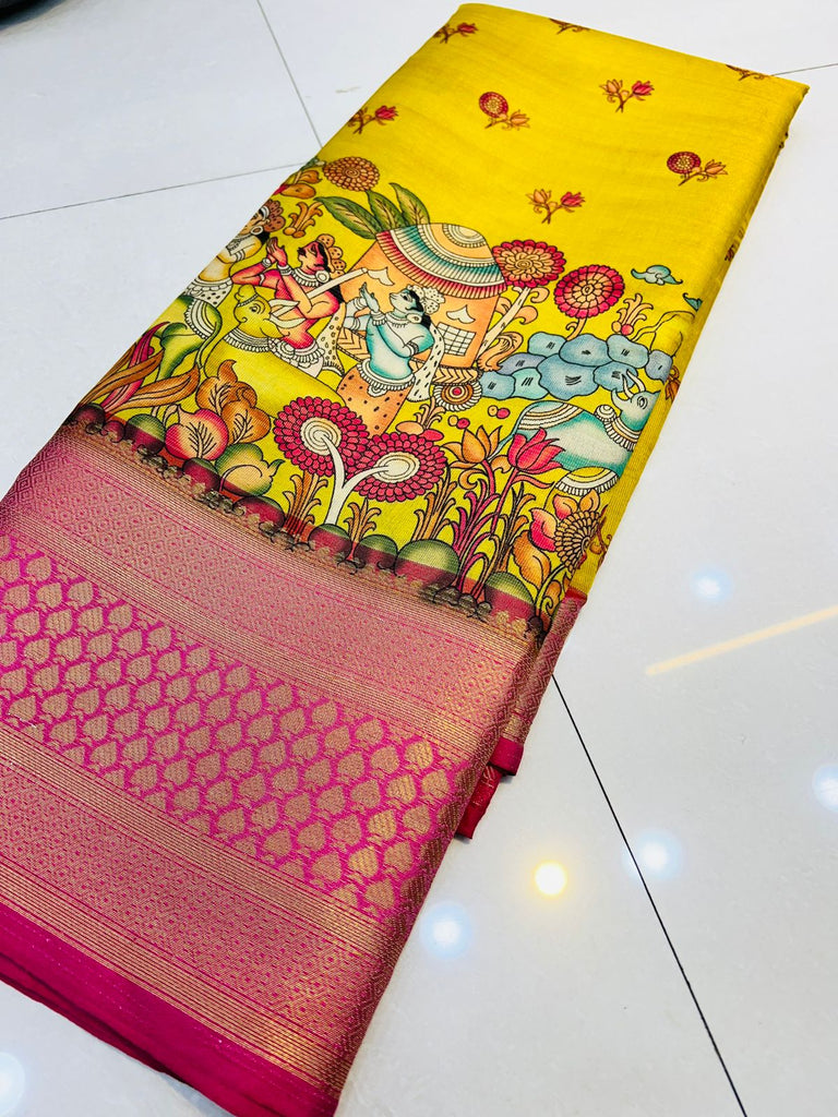 Comely Yellow Kalamkari Printed Saree With Ideal Blouse Piece Policona-Kanjivaram Silk