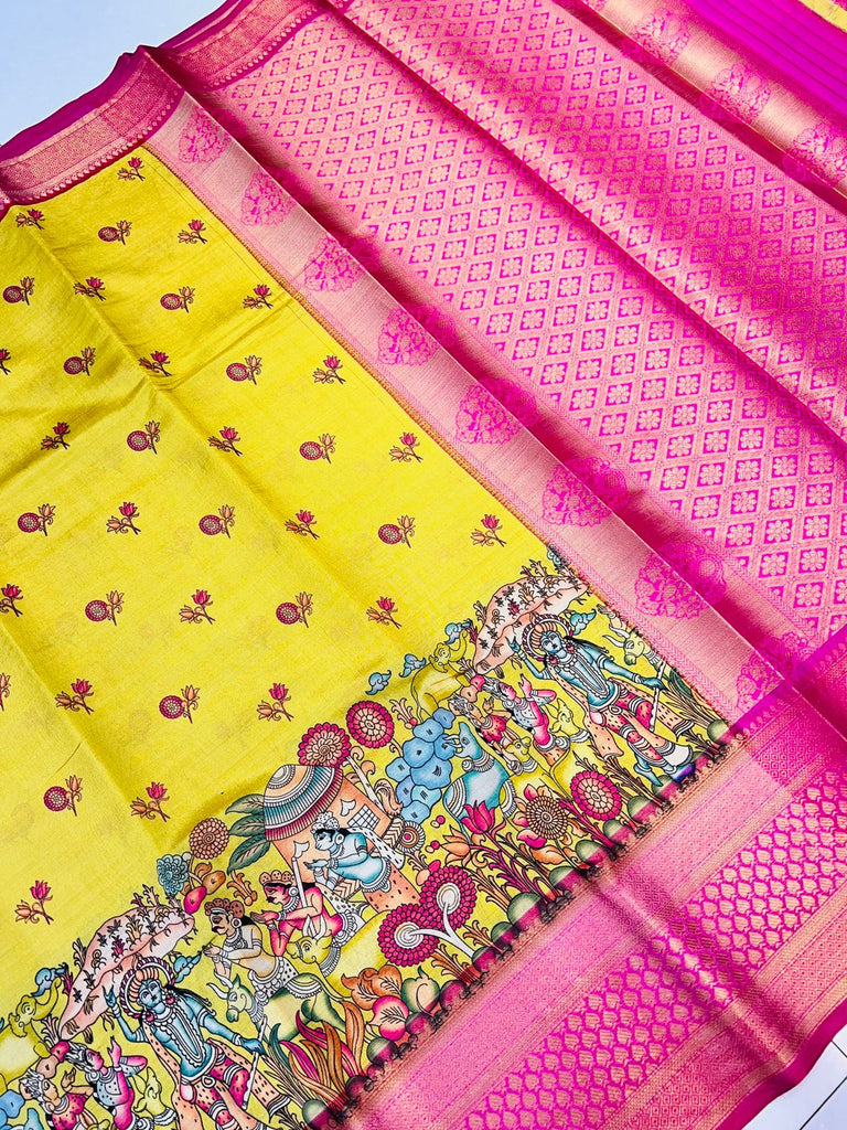 Comely Yellow Kalamkari Printed Saree With Ideal Blouse Piece Policona-Kanjivaram Silk