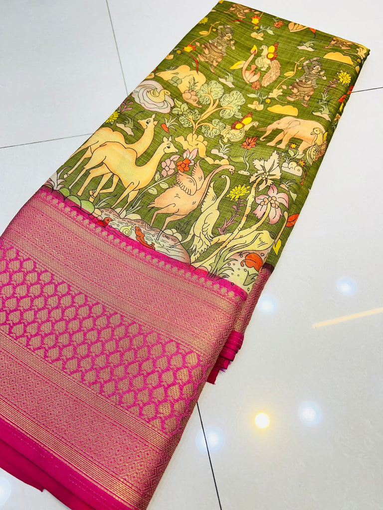 Desirable Mehandi Kalamkari Printed Saree With Delightful Blouse Piece Policona-Kanjivaram Silk