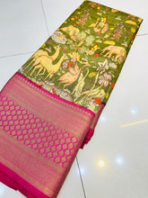 Load image into Gallery viewer, Desirable Mehandi Kalamkari Printed Saree With Delightful Blouse Piece Policona-Kanjivaram Silk