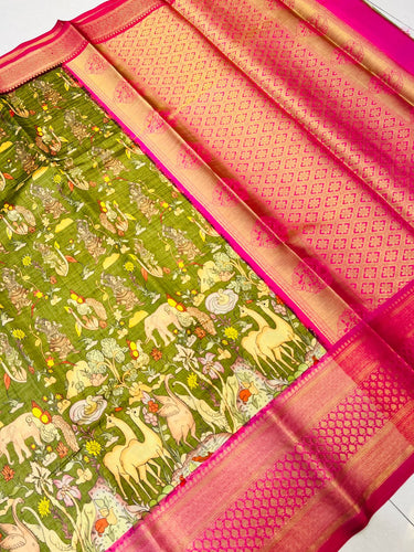 Desirable Mehandi Kalamkari Printed Saree With Delightful Blouse Piece Policona-Kanjivaram Silk