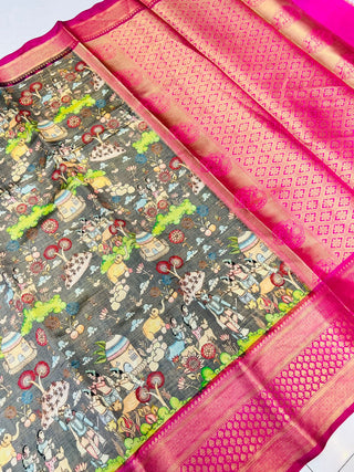 Radiant Grey Kalamkari Printed Saree With Imaginative Blouse Piece Policona-Kanjivaram Silk